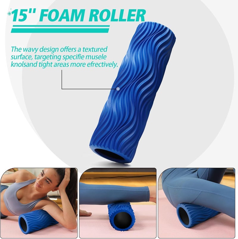 Krightlink 5-in-1 Foam Roller Set, Massage Roller Stick, Massage Ball, Resistance Band for Deep Muscle Massage, Trigger Point Release, Pilates, Yoga (Blue-Wave) - Image 2